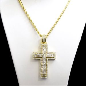 14k Gold Baguette Diamond Jesus Cross Charm Chain